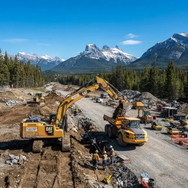 A yellow excavator working at a job site with a mountain backdrop
