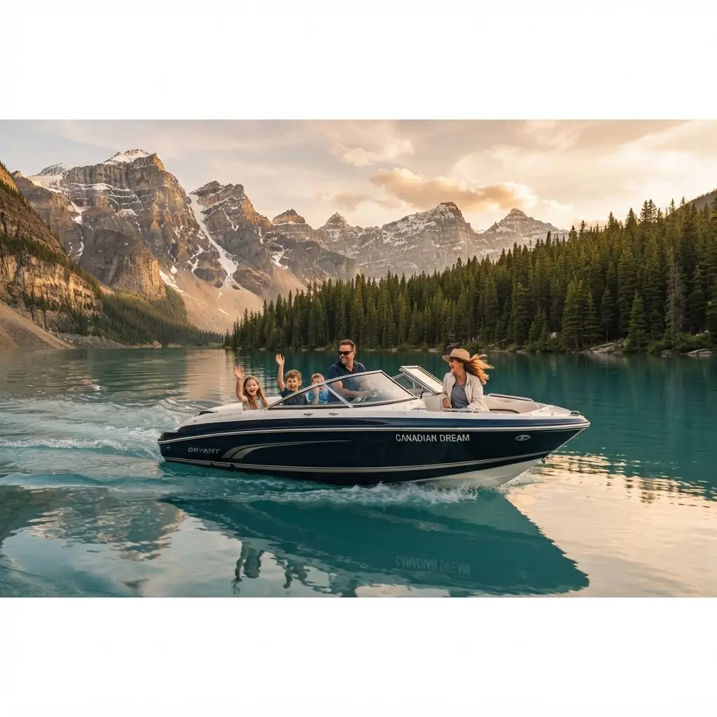 A family speedboat cruising on a mountain lake in Western Canada at golden hour