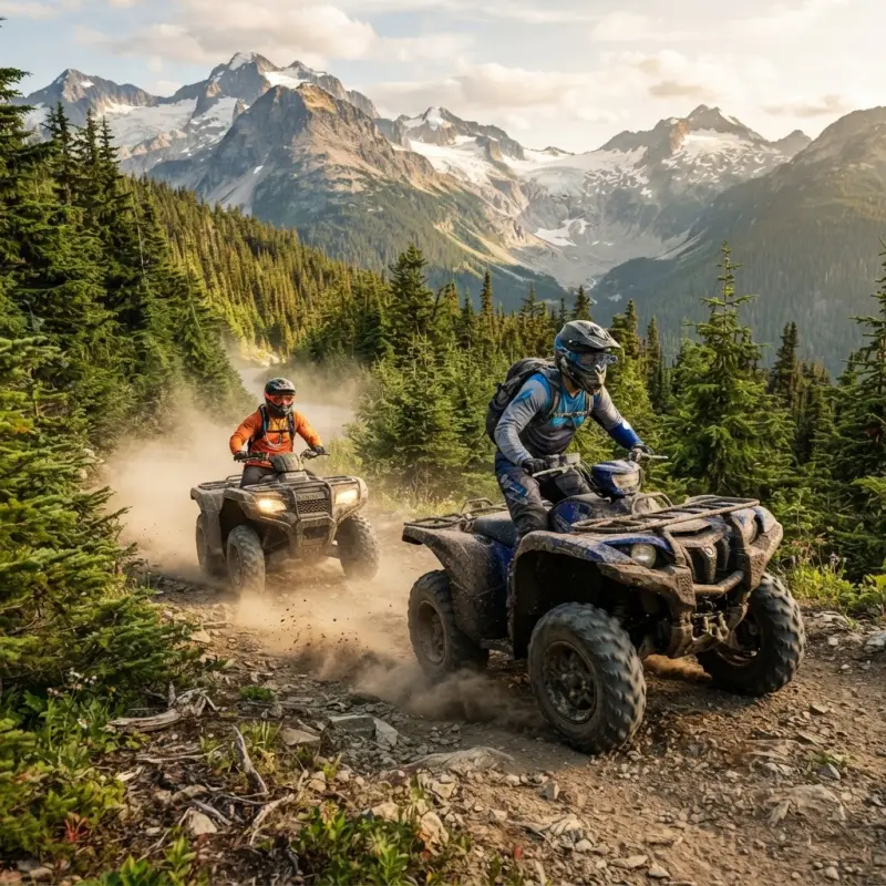 Two people riding ATVs on a scenic forest mountain trail in Western Canada