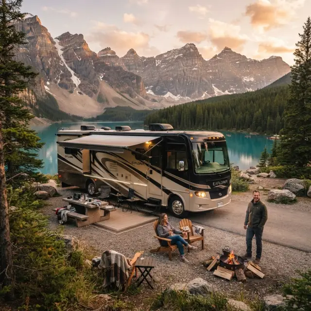 A luxury RV parked at a scenic mountain campsite in the Canadian Rockies